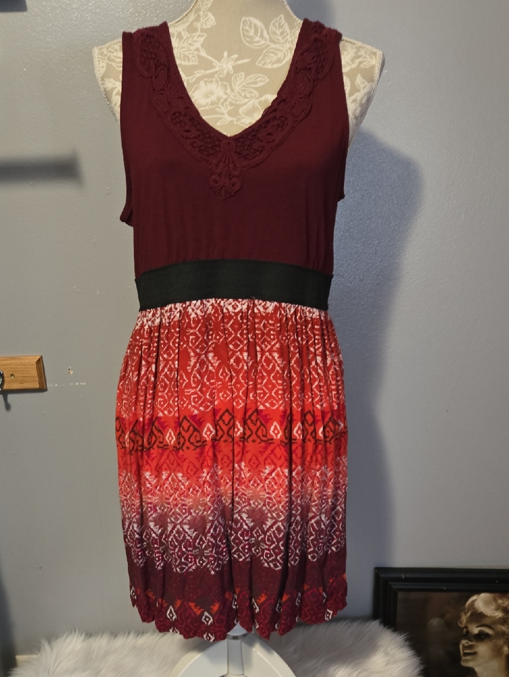 Vanity Burgundy Top Red Patterned Mini Dress